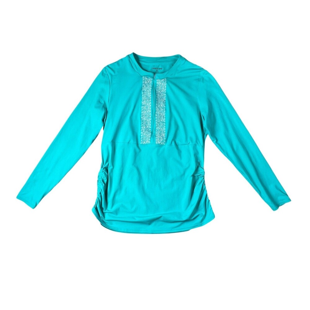 Lands' End Long Sleeve Ruched Zip Turquoise Rash Guard Swim Shirt Size MP